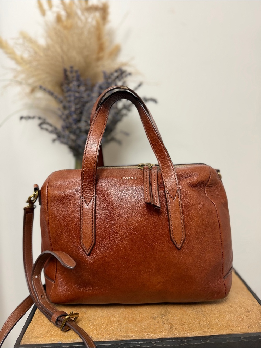 Fossil Brown Leather Satchel Crossbody Bag Convertible Top Handle Purse